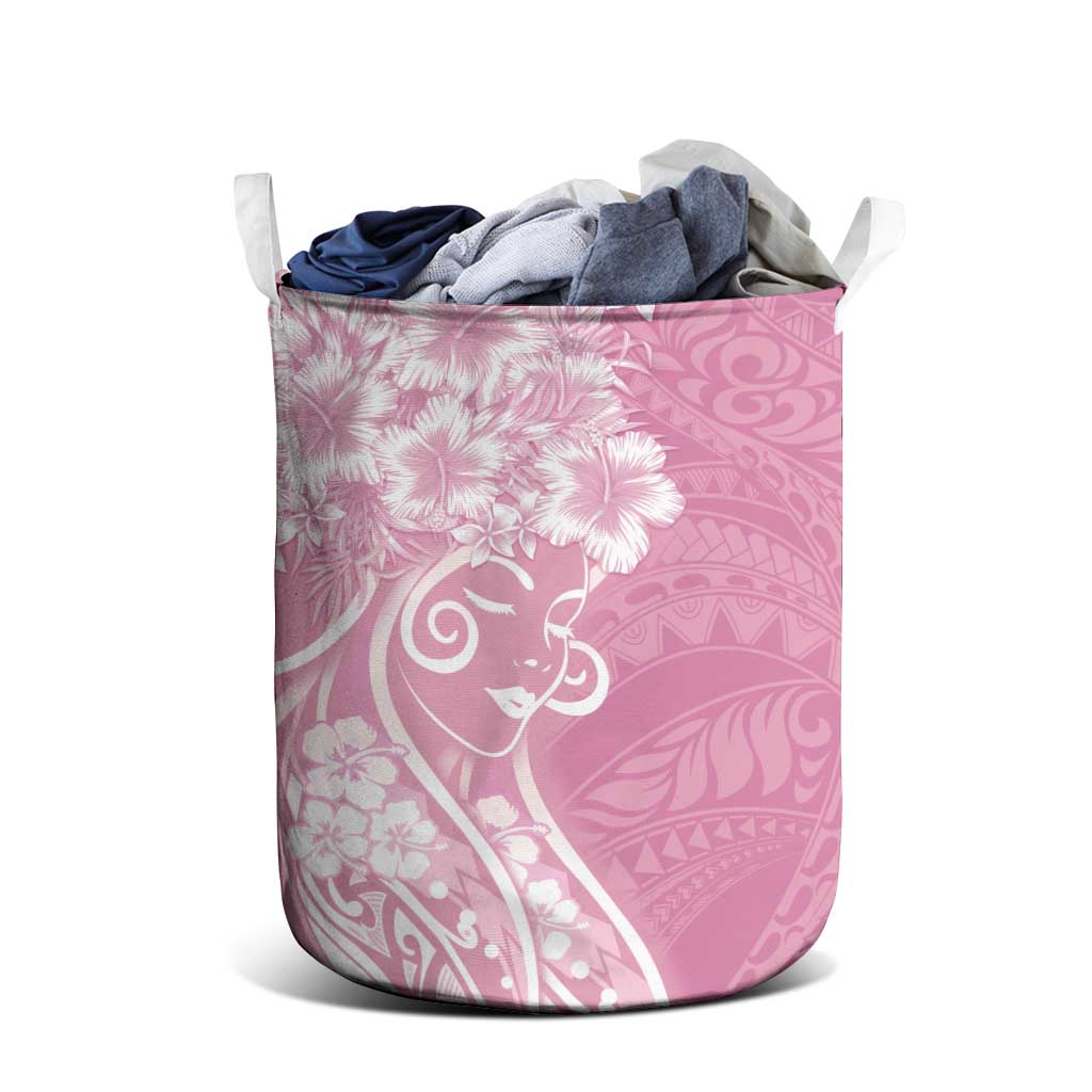 Polynesian Women's Day Laundry Basket Pink Hibiscus Flowers With Polynesian Pattern