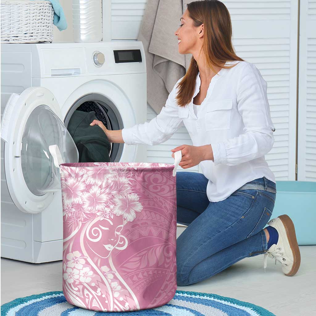 Polynesian Women's Day Laundry Basket Pink Hibiscus Flowers With Polynesian Pattern