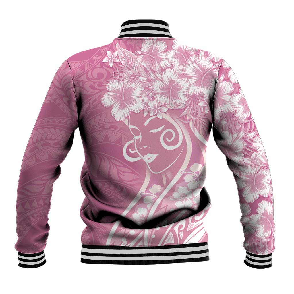 Polynesian Women's Day Baseball Jacket Pink Hibiscus Flowers With Polynesian Pattern