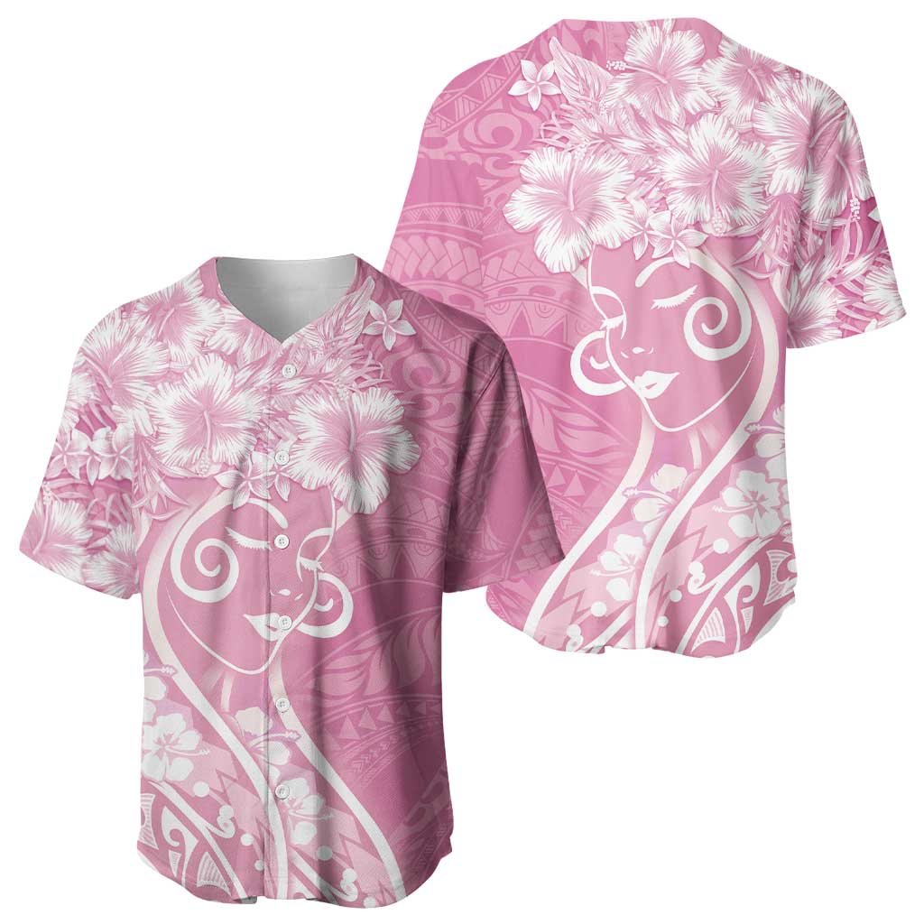 Polynesian Women's Day Baseball Jersey Pink Hibiscus Flowers With Polynesian Pattern