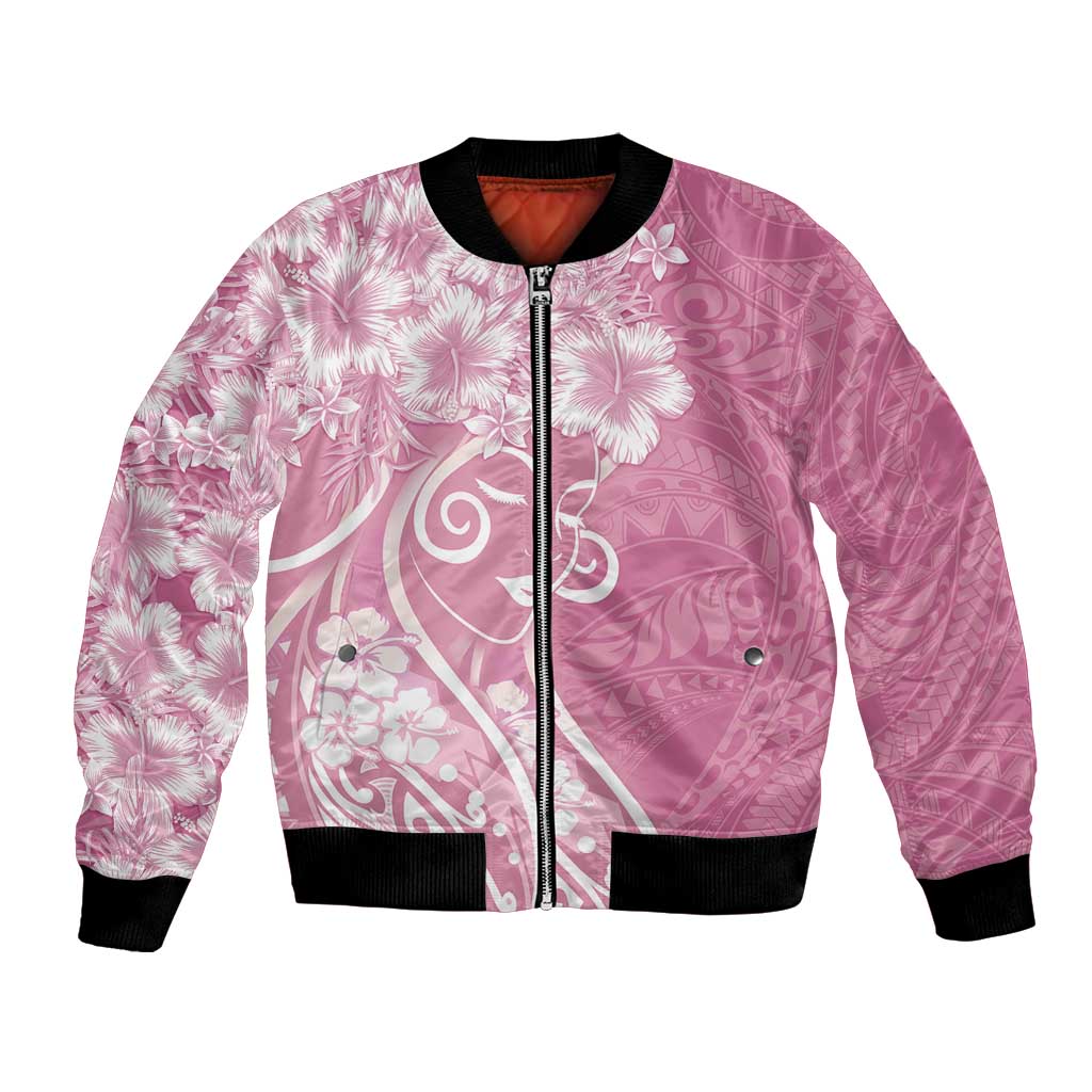 Polynesian Women's Day Bomber Jacket Pink Hibiscus Flowers With Polynesian Pattern