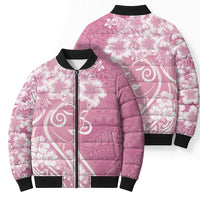 Polynesian Women's Day Bomber Puffer Jacket Pink Hibiscus Flowers With Polynesian Pattern