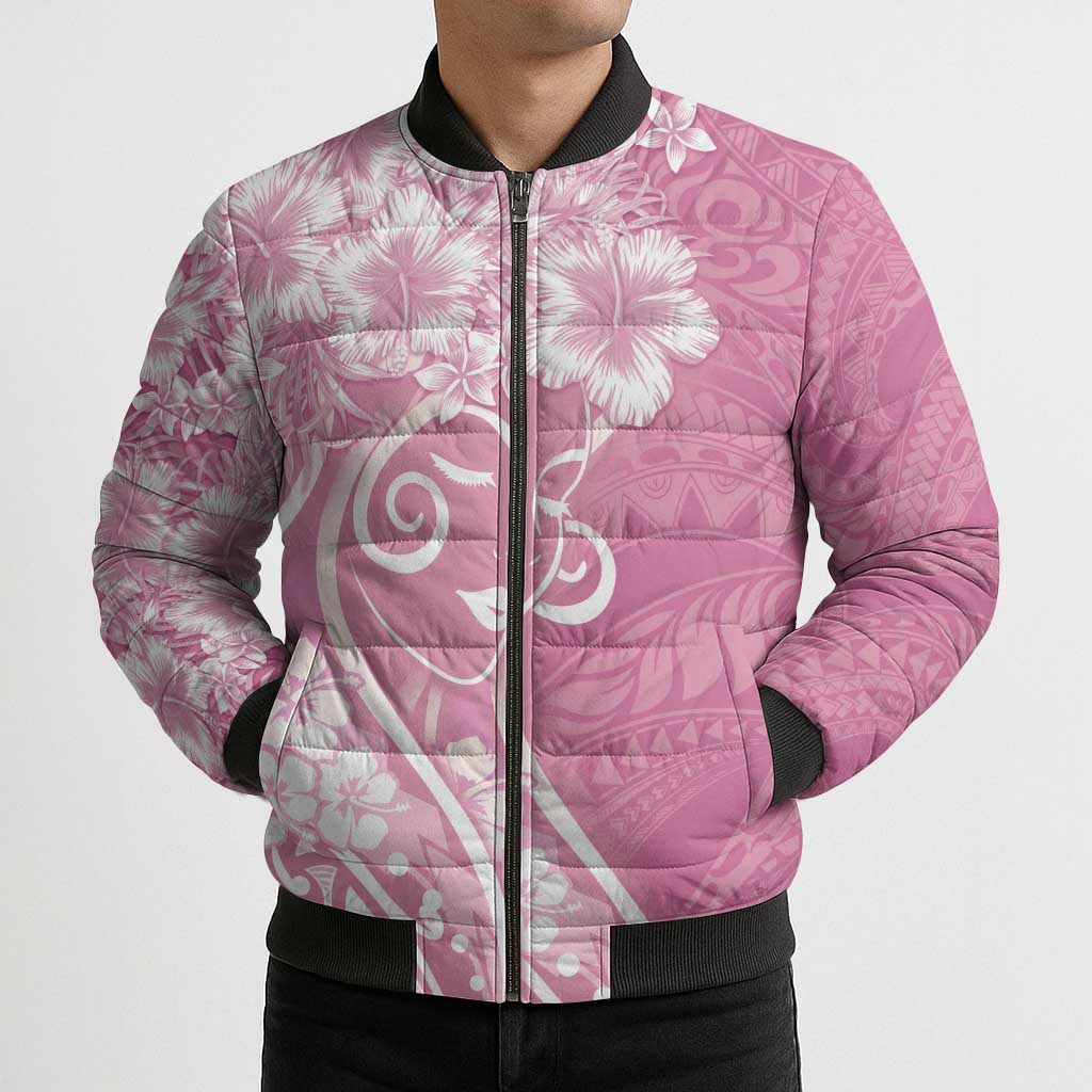 Polynesian Women's Day Bomber Puffer Jacket Pink Hibiscus Flowers With Polynesian Pattern
