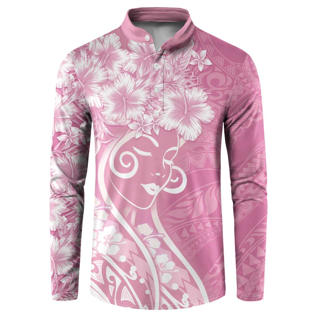 Polynesian Women's Day Button Sweatshirt Pink Hibiscus Flowers With Polynesian Pattern