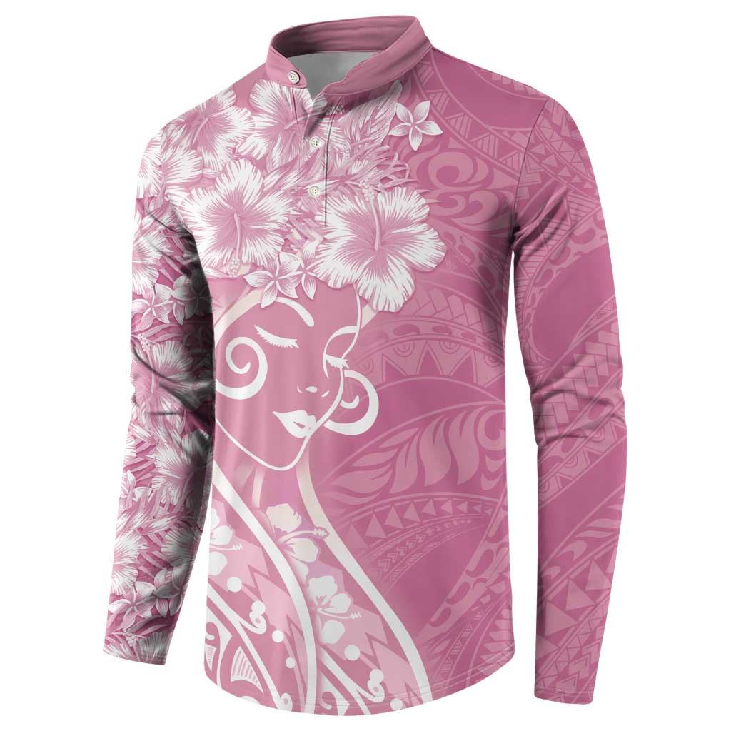 Polynesian Women's Day Button Sweatshirt Pink Hibiscus Flowers With Polynesian Pattern