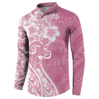 Polynesian Women's Day Button Sweatshirt Pink Hibiscus Flowers With Polynesian Pattern
