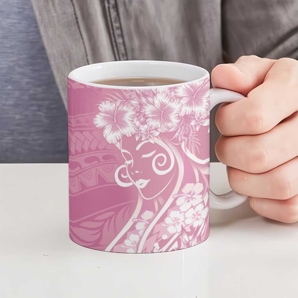 Polynesian Women's Day Ceramic Mug Pink Hibiscus Flowers With Polynesian Pattern