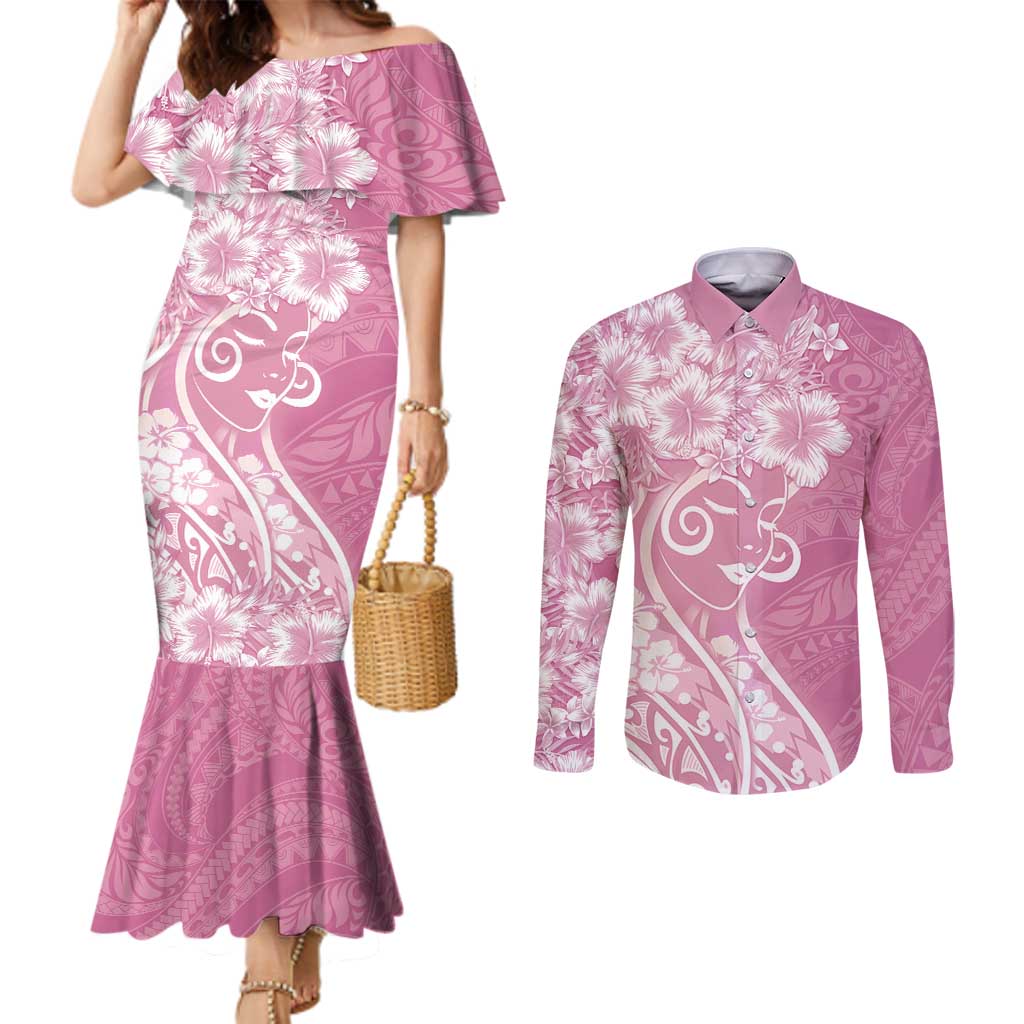 Polynesian Women's Day Couples Matching Mermaid Dress and Long Sleeve Button Shirt Pink Hibiscus Flowers With Polynesian Pattern