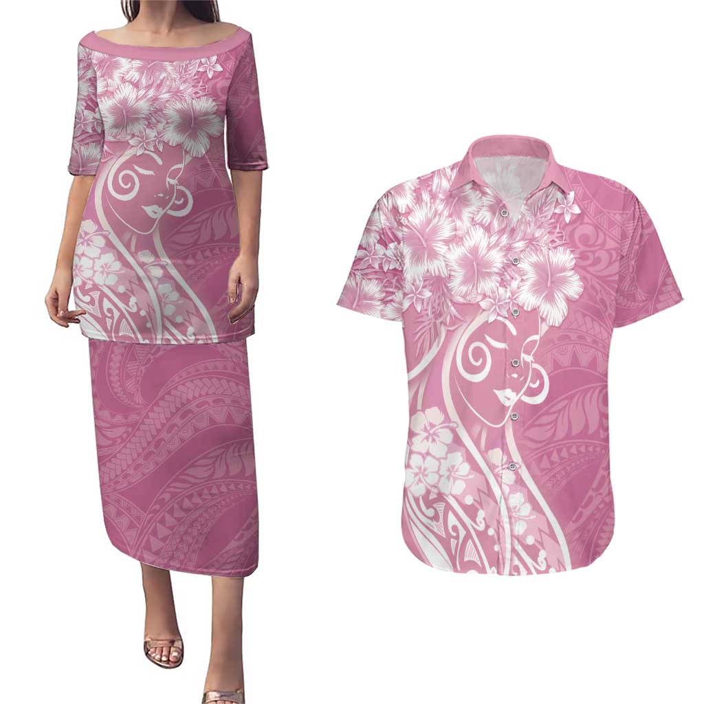 Polynesian Women's Day Couples Matching Puletasi and Hawaiian Shirt Pink Hibiscus Flowers With Polynesian Pattern
