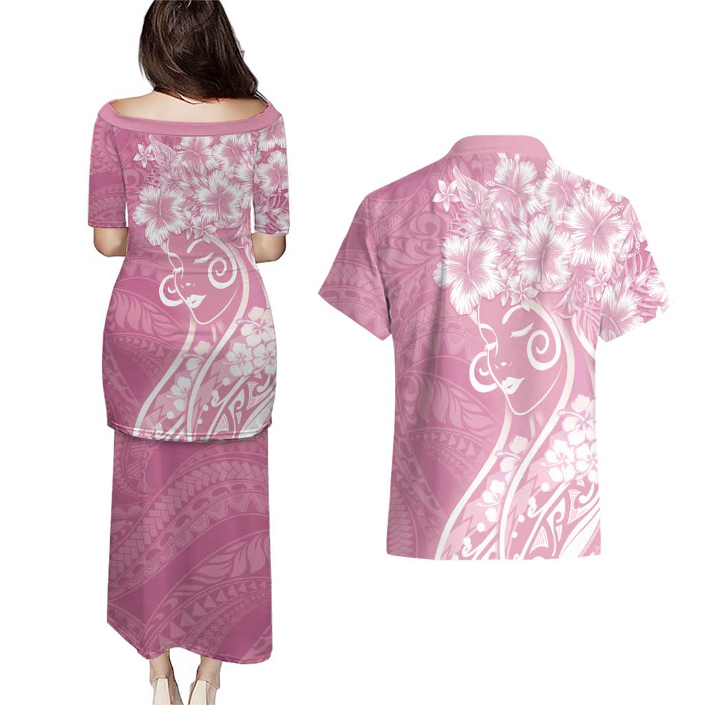 Polynesian Women's Day Couples Matching Puletasi and Hawaiian Shirt Pink Hibiscus Flowers With Polynesian Pattern