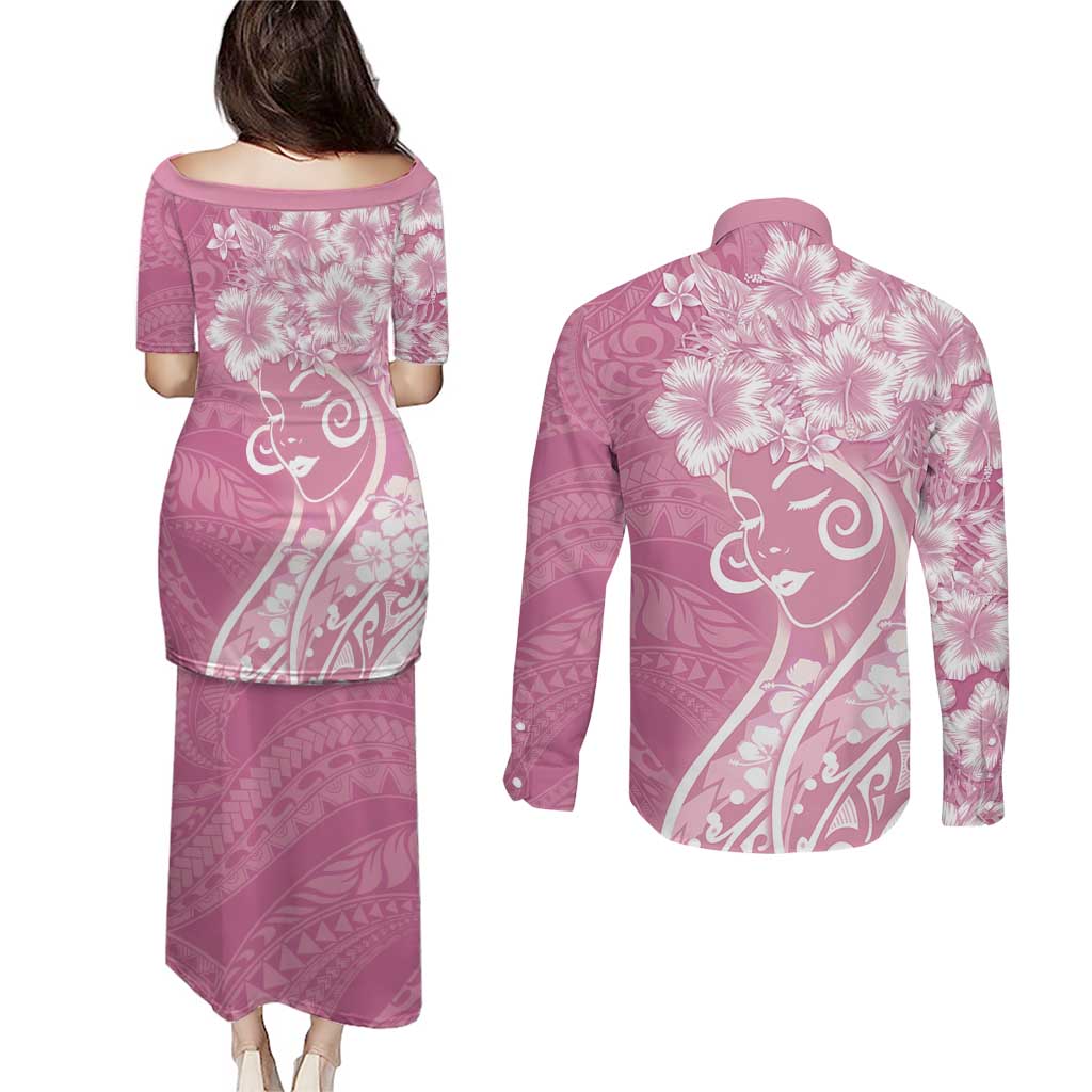 Polynesian Women's Day Couples Matching Puletasi and Long Sleeve Button Shirt Pink Hibiscus Flowers With Polynesian Pattern