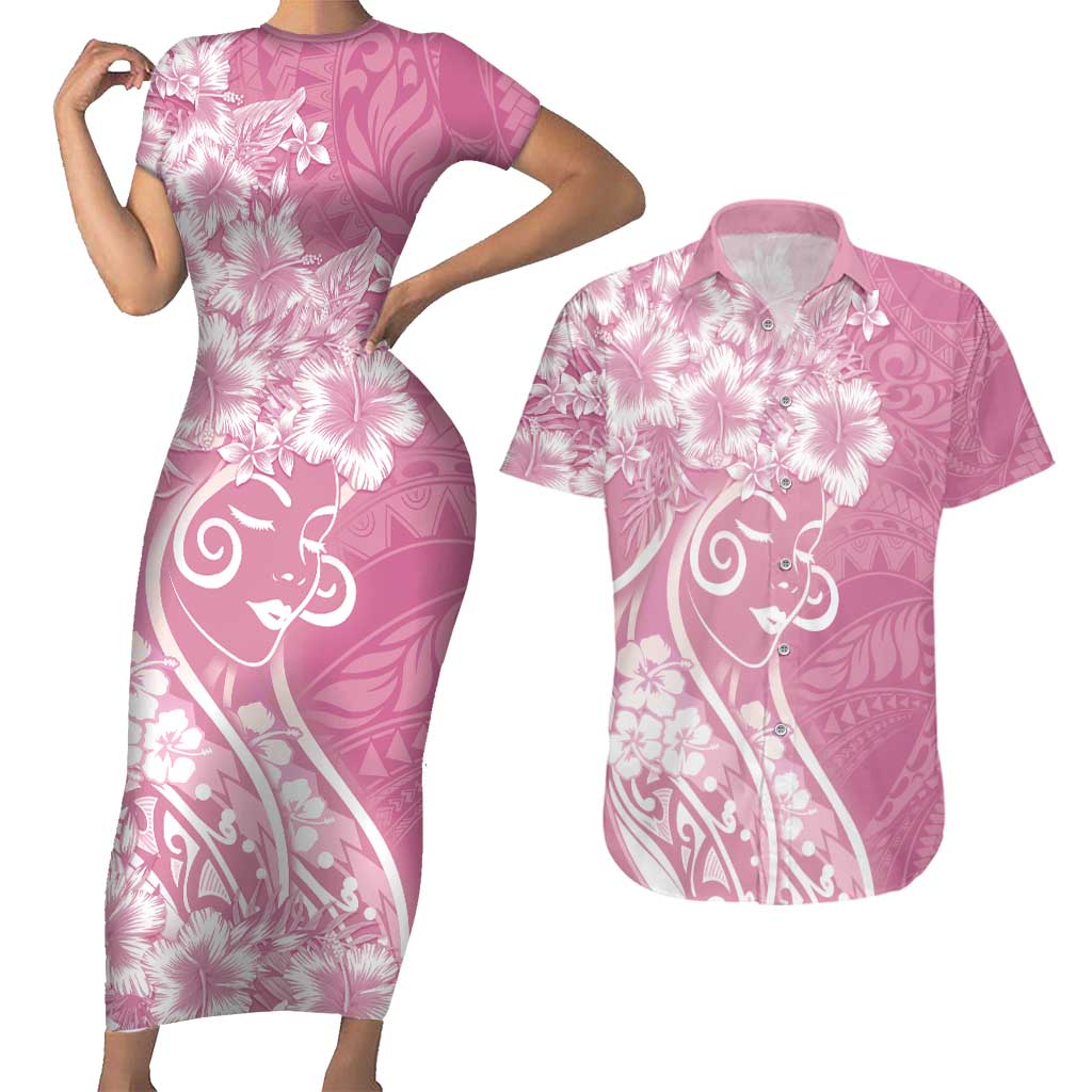 Polynesian Women's Day Couples Matching Short Sleeve Bodycon Dress and Hawaiian Shirt Pink Hibiscus Flowers With Polynesian Pattern