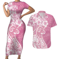 Polynesian Women's Day Couples Matching Short Sleeve Bodycon Dress and Hawaiian Shirt Pink Hibiscus Flowers With Polynesian Pattern