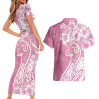 Polynesian Women's Day Couples Matching Short Sleeve Bodycon Dress and Hawaiian Shirt Pink Hibiscus Flowers With Polynesian Pattern