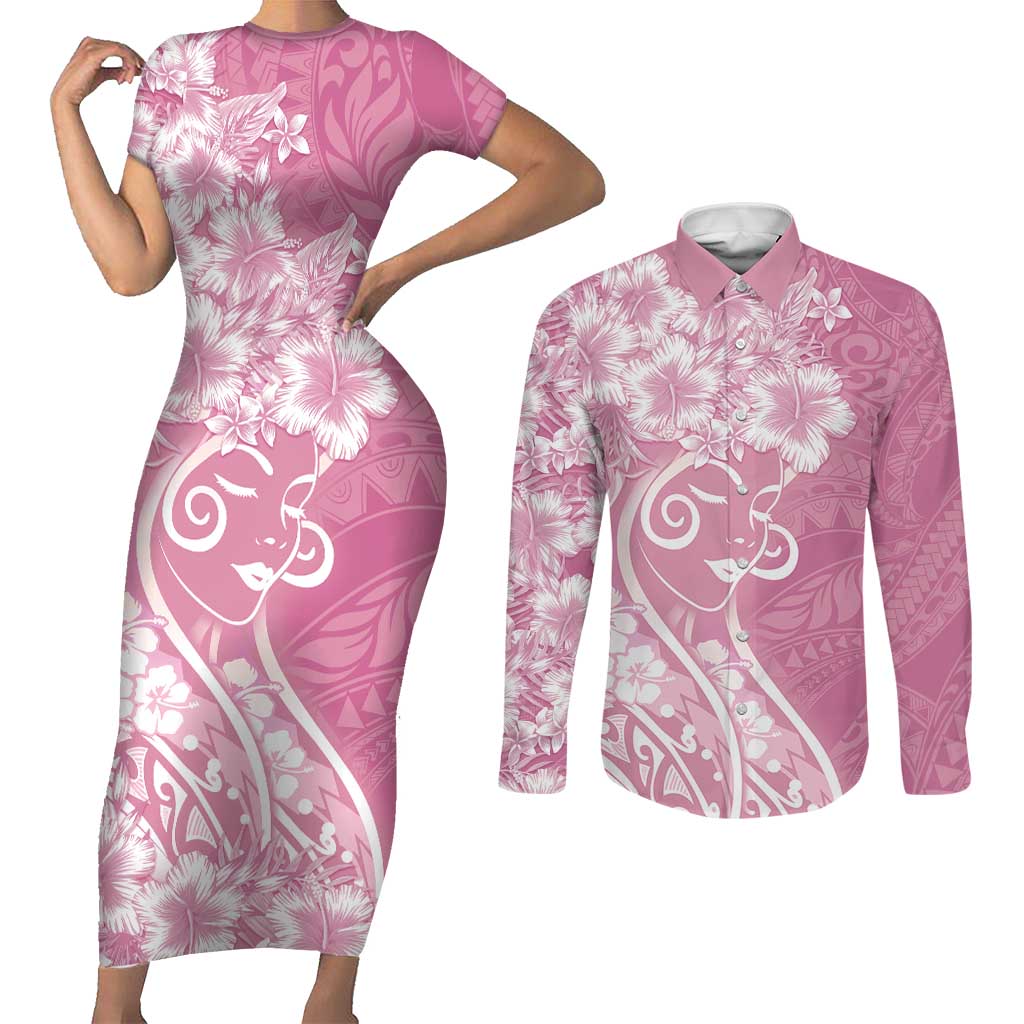 Polynesian Women's Day Couples Matching Short Sleeve Bodycon Dress and Long Sleeve Button Shirt Pink Hibiscus Flowers With Polynesian Pattern