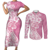 Polynesian Women's Day Couples Matching Short Sleeve Bodycon Dress and Long Sleeve Button Shirt Pink Hibiscus Flowers With Polynesian Pattern
