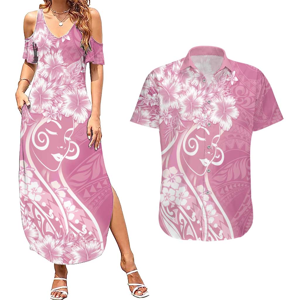 Polynesian Women's Day Couples Matching Summer Maxi Dress and Hawaiian Shirt Pink Hibiscus Flowers With Polynesian Pattern