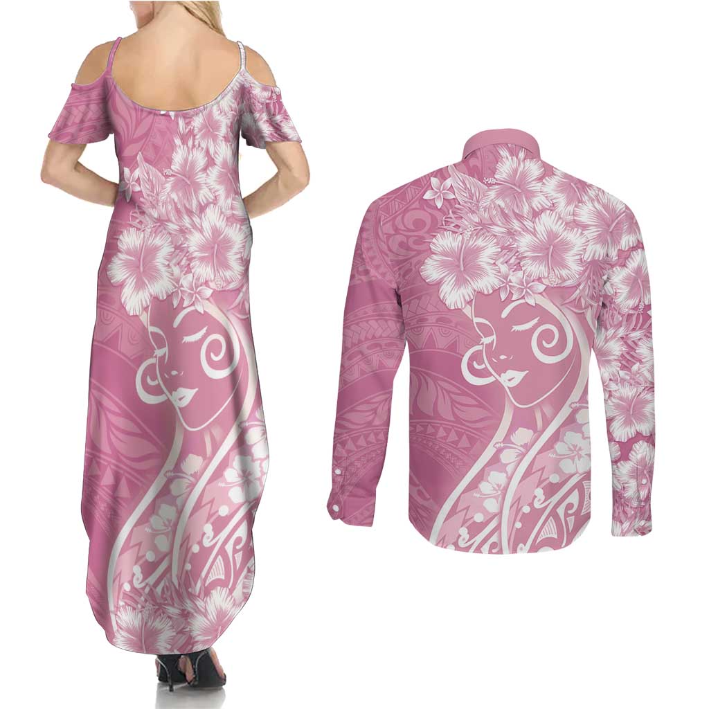 Polynesian Women's Day Couples Matching Summer Maxi Dress and Long Sleeve Button Shirt Pink Hibiscus Flowers With Polynesian Pattern