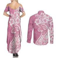 Polynesian Women's Day Couples Matching Summer Maxi Dress and Long Sleeve Button Shirt Pink Hibiscus Flowers With Polynesian Pattern