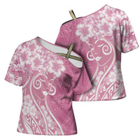 Polynesian Women's Day Cross Shoulder Shirt Pink Hibiscus Flowers With Polynesian Pattern