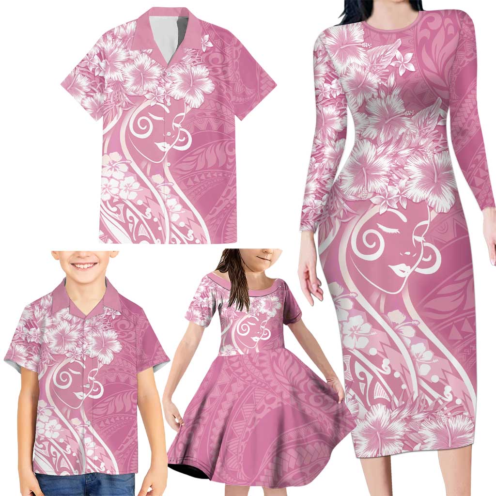 Polynesian Women's Day Family Matching Long Sleeve Bodycon Dress and Hawaiian Shirt Pink Hibiscus Flowers With Polynesian Pattern LT05 - Polynesian Pride