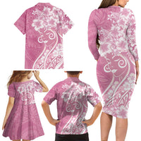 Polynesian Women's Day Family Matching Long Sleeve Bodycon Dress and Hawaiian Shirt Pink Hibiscus Flowers With Polynesian Pattern LT05 - Polynesian Pride