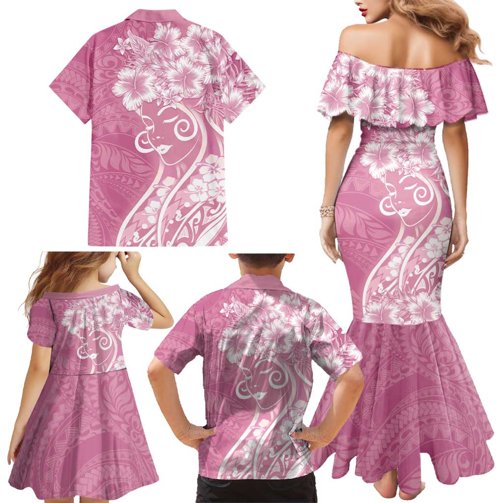 Polynesian Women's Day Family Matching Mermaid Dress and Hawaiian Shirt Pink Hibiscus Flowers With Polynesian Pattern LT05 - Polynesian Pride