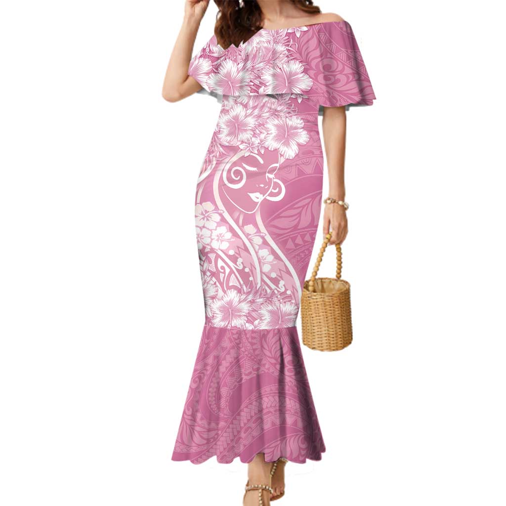 Polynesian Women's Day Family Matching Mermaid Dress and Hawaiian Shirt Pink Hibiscus Flowers With Polynesian Pattern LT05 Mom's Dress Pink - Polynesian Pride