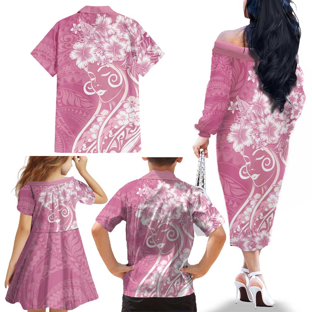 Polynesian Women's Day Family Matching Off The Shoulder Long Sleeve Dress and Hawaiian Shirt Pink Hibiscus Flowers With Polynesian Pattern LT05 - Polynesian Pride