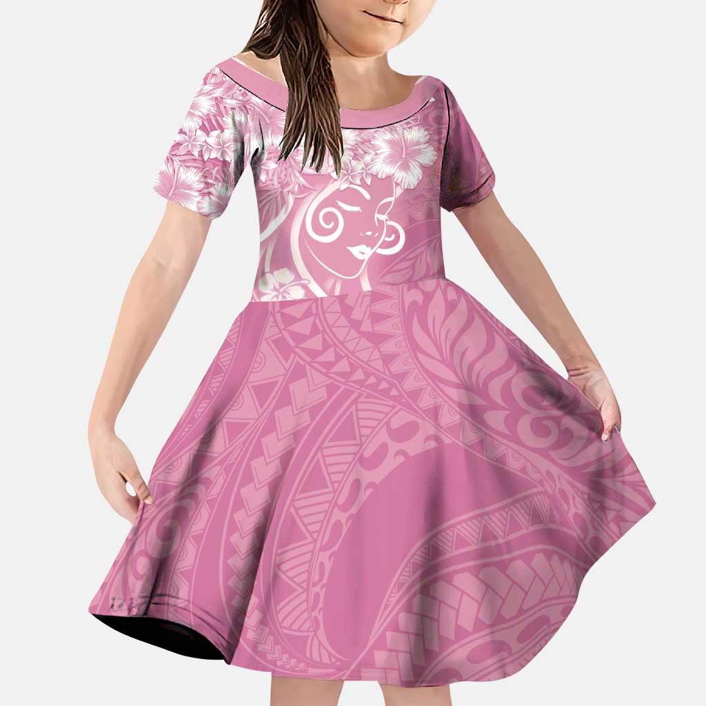 Polynesian Women's Day Family Matching Off Shoulder Short Dress and Hawaiian Shirt Pink Hibiscus Flowers With Polynesian Pattern LT05 Daughter's Dress Pink - Polynesian Pride