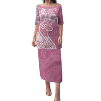Polynesian Women's Day Family Matching Puletasi and Hawaiian Shirt Pink Hibiscus Flowers With Polynesian Pattern