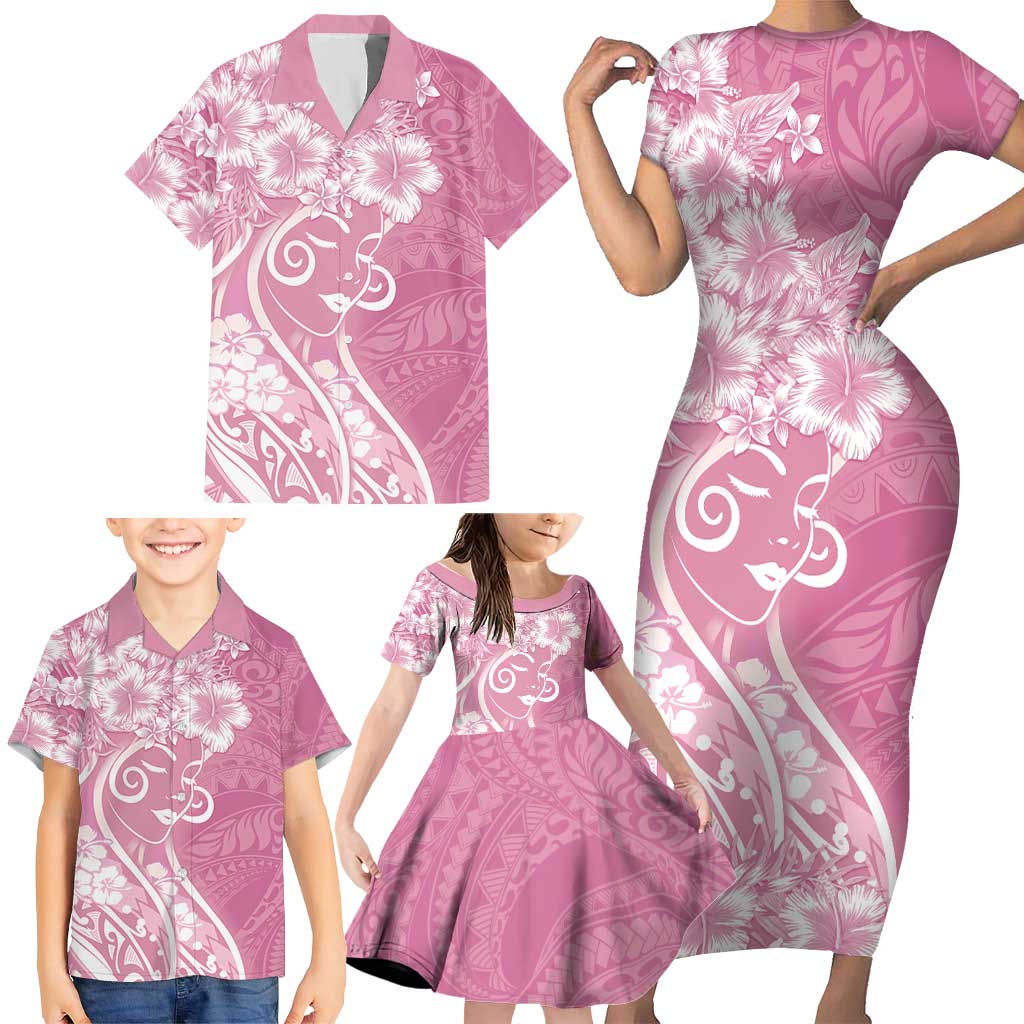 Polynesian Women's Day Family Matching Short Sleeve Bodycon Dress and Hawaiian Shirt Pink Hibiscus Flowers With Polynesian Pattern LT05 - Polynesian Pride