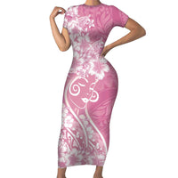 Polynesian Women's Day Family Matching Short Sleeve Bodycon Dress and Hawaiian Shirt Pink Hibiscus Flowers With Polynesian Pattern LT05 Mom's Dress Pink - Polynesian Pride