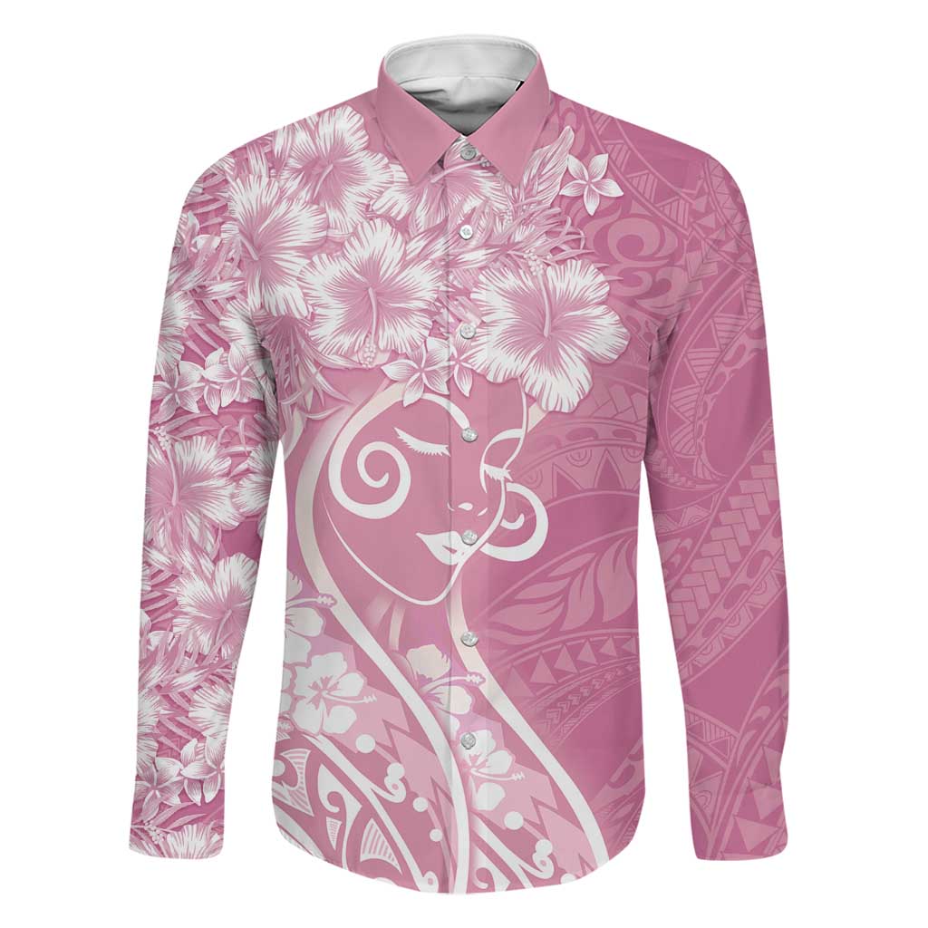 Polynesian Women's Day Family Matching Tank Maxi Dress and Hawaiian Shirt Pink Hibiscus Flowers With Polynesian Pattern LT05 Dad's Shirt - Long Sleeve Pink - Polynesian Pride