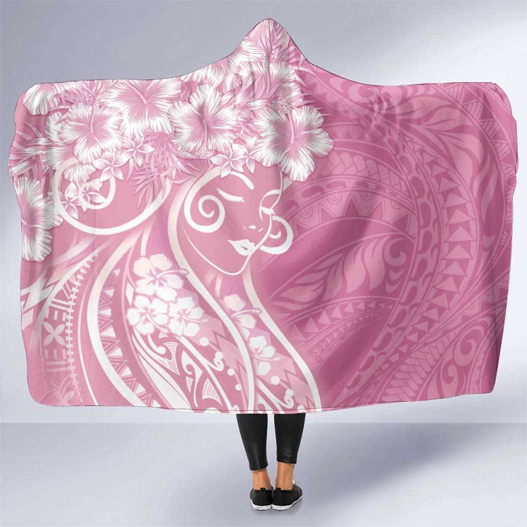 Polynesian Women's Day Hooded Blanket Pink Hibiscus Flowers With Polynesian Pattern