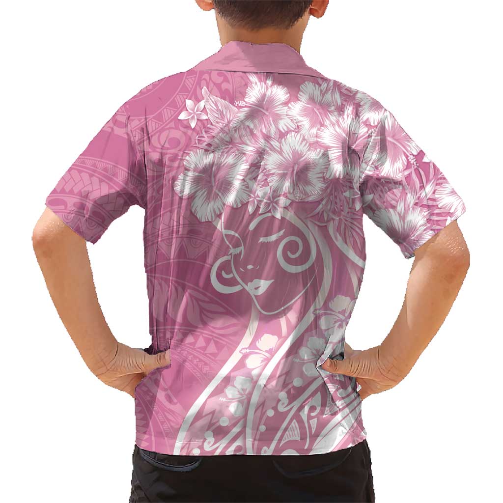Polynesian Women's Day Kid Hawaiian Shirt Pink Hibiscus Flowers With Polynesian Pattern