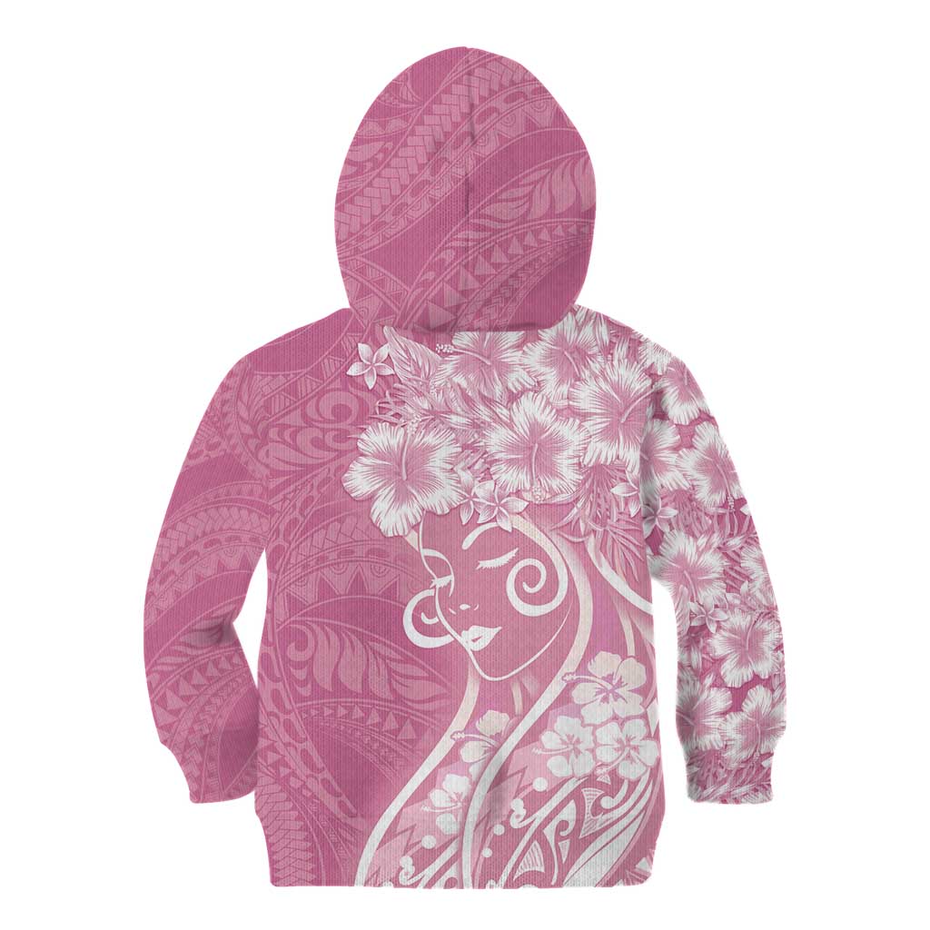 Polynesian Women's Day Kid Hoodie Pink Hibiscus Flowers With Polynesian Pattern