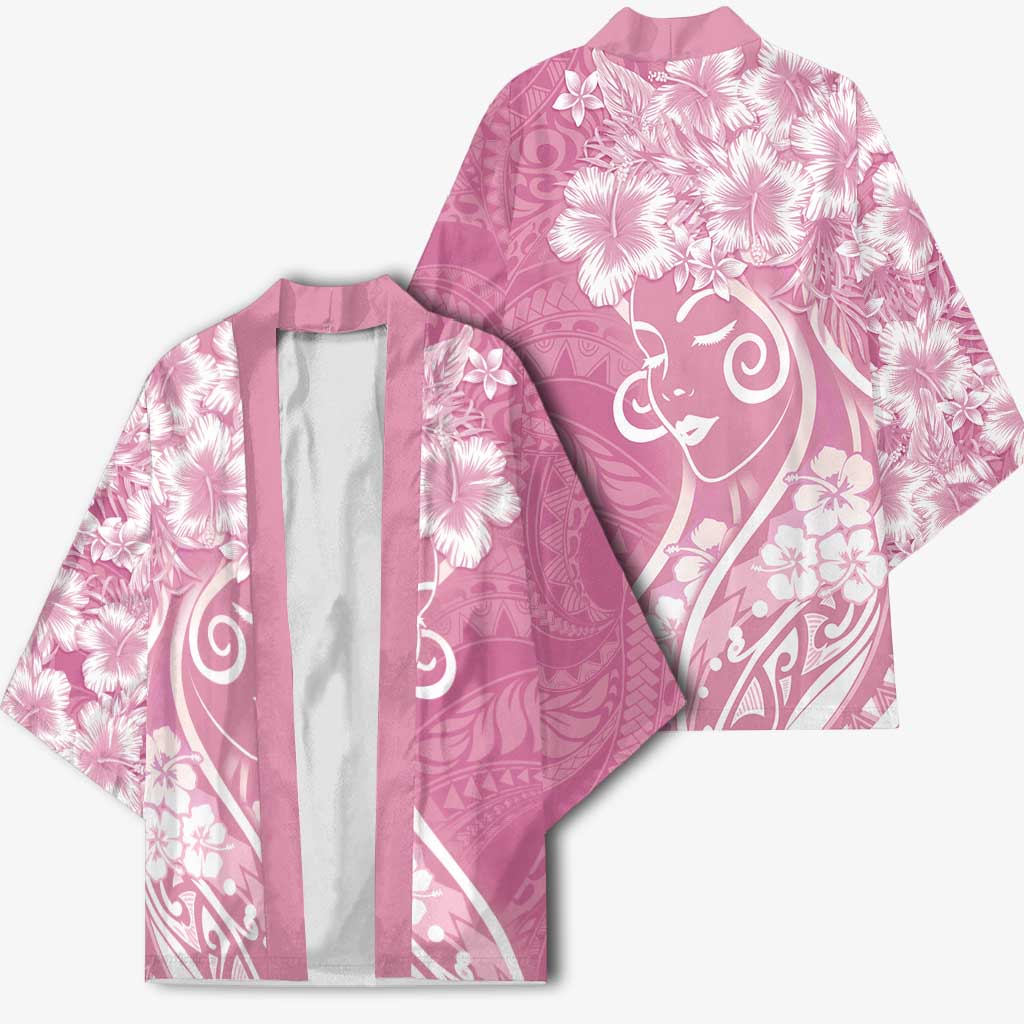 Polynesian Women's Day Kimono Pink Hibiscus Flowers With Polynesian Pattern