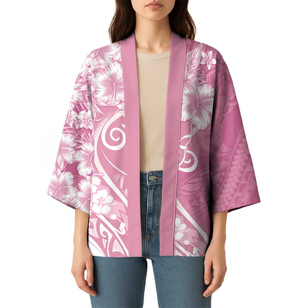 Polynesian Women's Day Kimono Pink Hibiscus Flowers With Polynesian Pattern