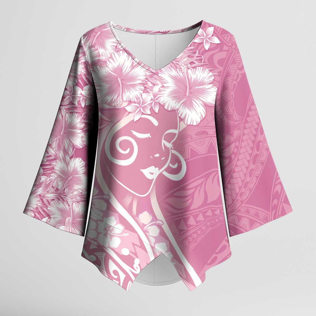Polynesian Women's Day Kimono Sleeve Blouse Pink Hibiscus Flowers With Polynesian Pattern