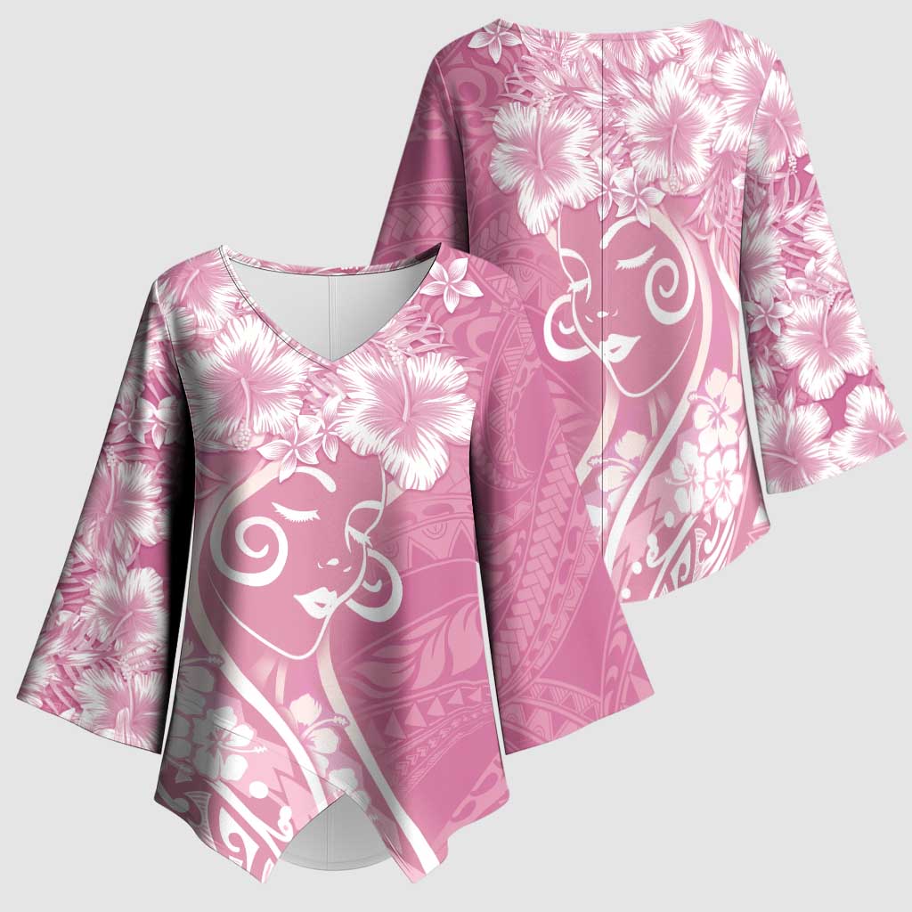 Polynesian Women's Day Kimono Sleeve Blouse Pink Hibiscus Flowers With Polynesian Pattern