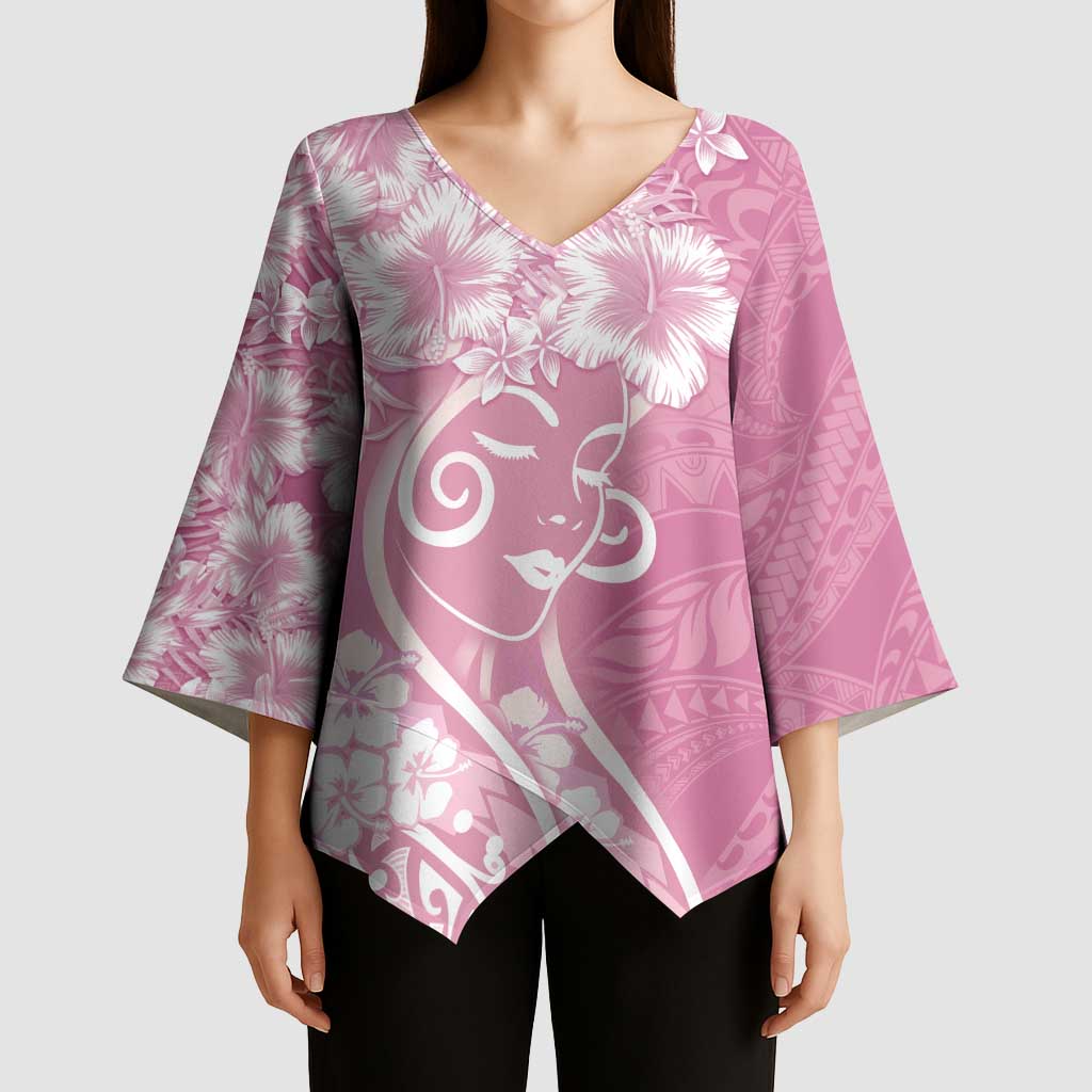Polynesian Women's Day Kimono Sleeve Blouse Pink Hibiscus Flowers With Polynesian Pattern