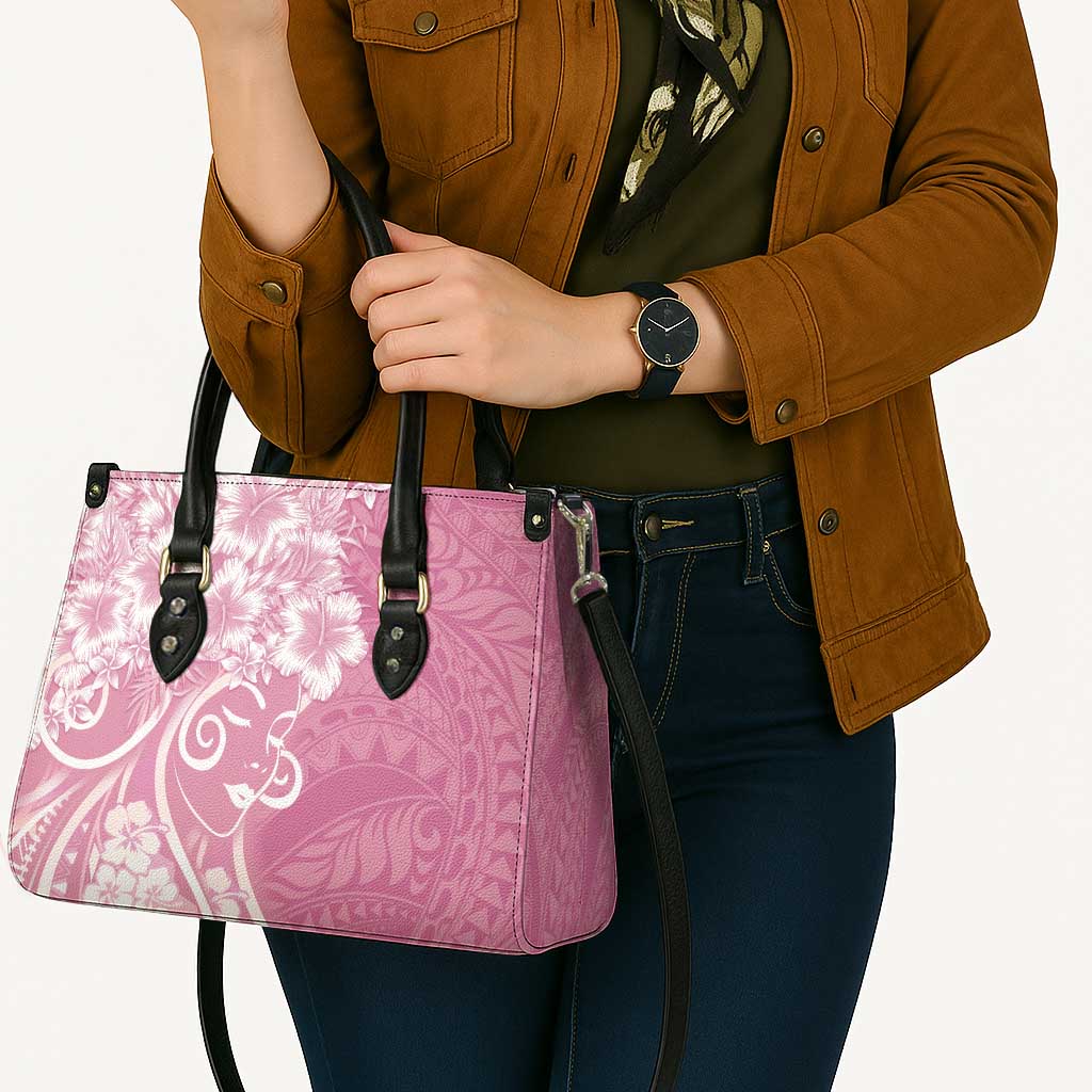 Polynesian Women's Day Leather Bag Pink Hibiscus Flowers With Polynesian Pattern
