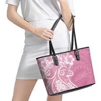 Polynesian Women's Day Leather Tote Bag Pink Hibiscus Flowers With Polynesian Pattern