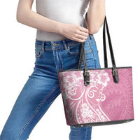 Polynesian Women's Day Leather Tote Bag Pink Hibiscus Flowers With Polynesian Pattern