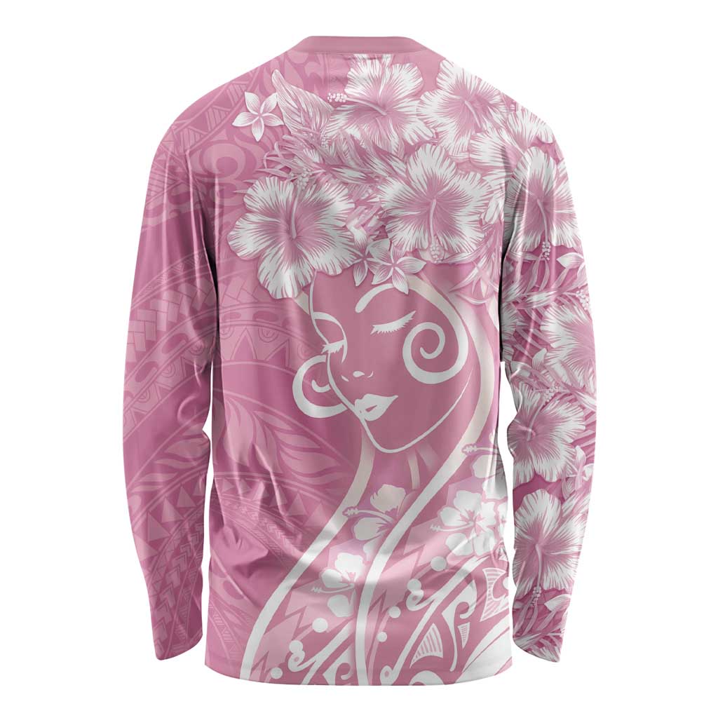 Polynesian Women's Day Long Sleeve Shirt Pink Hibiscus Flowers With Polynesian Pattern