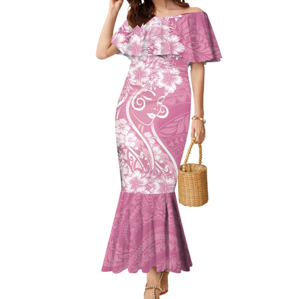 Polynesian Women's Day Mermaid Dress Pink Hibiscus Flowers With Polynesian Pattern
