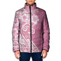Polynesian Women's Day Padded Jacket Pink Hibiscus Flowers With Polynesian Pattern