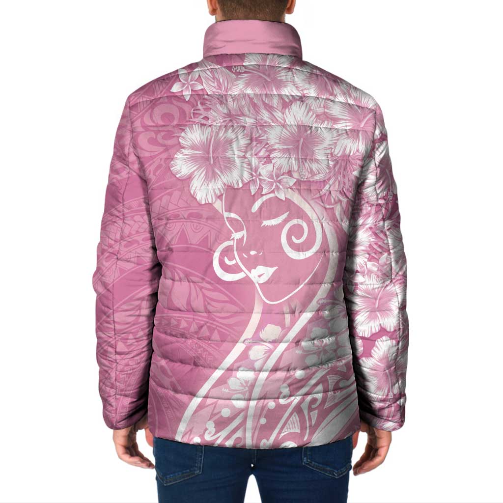 Polynesian Women's Day Padded Jacket Pink Hibiscus Flowers With Polynesian Pattern