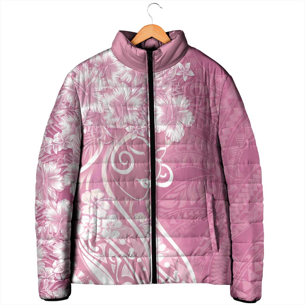 Polynesian Women's Day Padded Jacket Pink Hibiscus Flowers With Polynesian Pattern